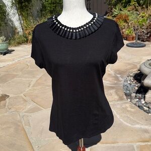 Ted Baker Black Top with Ruffled Trim with Pearl Accent